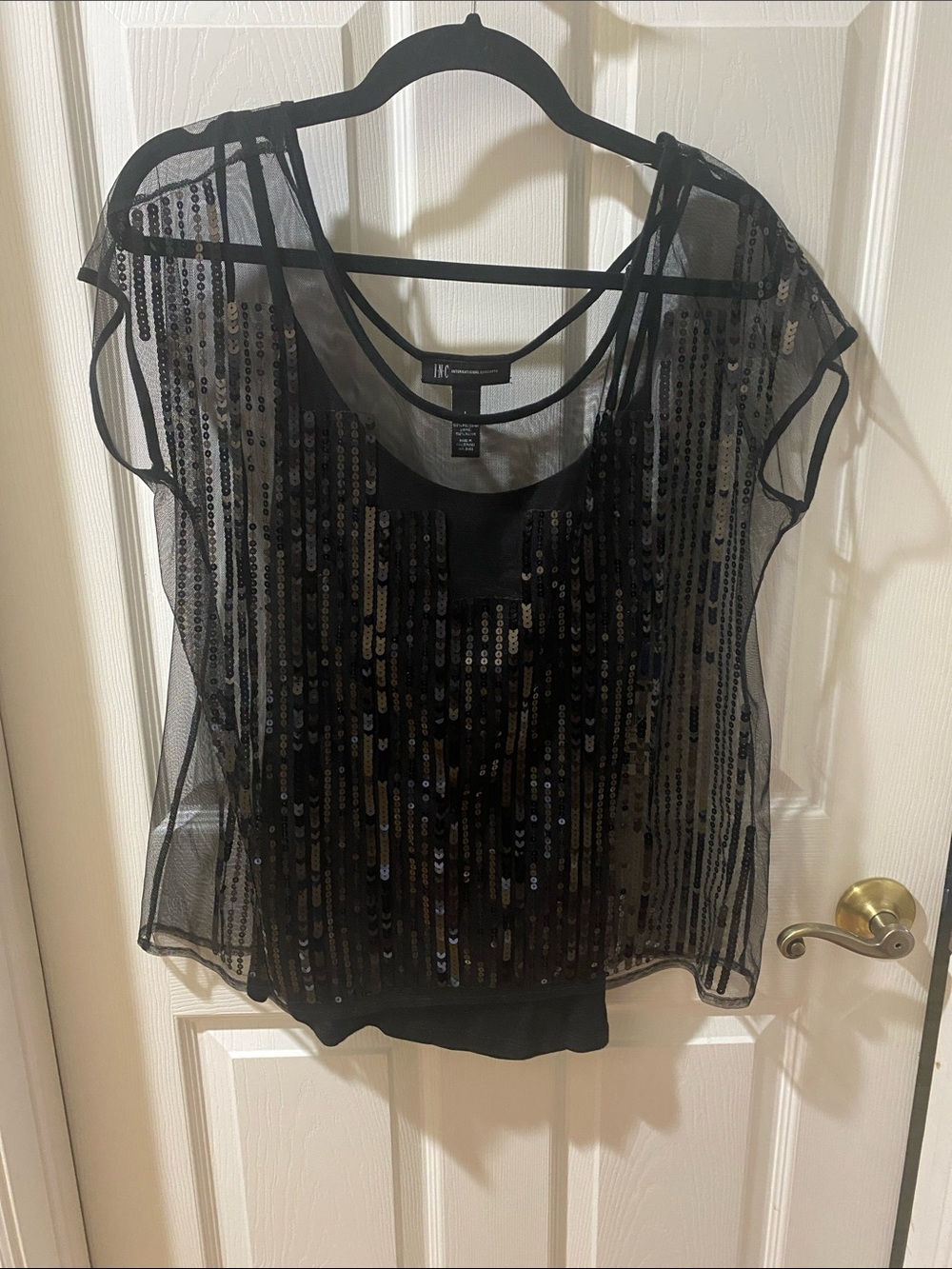 INC International Concepts Black Sheer Sequin Overlay Blouse